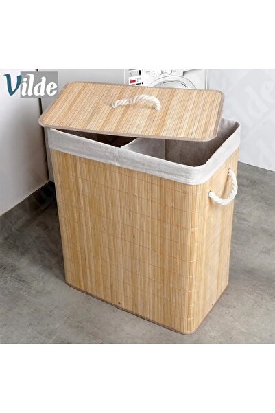 BLUE SİDE 2 Bölmeli 72 L Bambu Çamaşır Sepeti Banyo Düzenleyici Organizer Banyo Çamaşır Sepeti