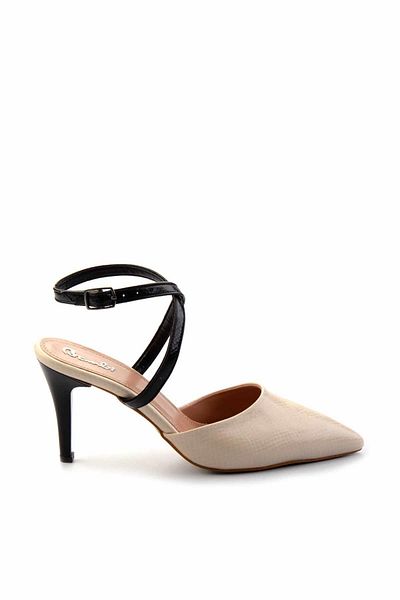 Bambi Beige-schwarze klassische Damenschuhe mit Schlangenmuster und Absatz K 01397180307