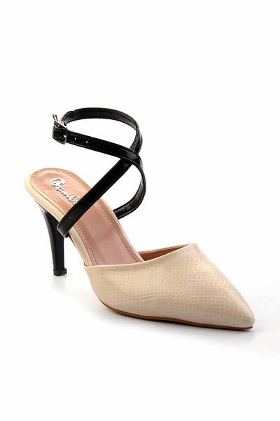 Bambi Beige-schwarze klassische Damenschuhe mit Schlangenmuster und Absatz K 01397180307