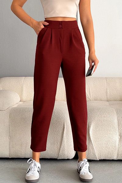 bacc Women's Burgundy Double Pocket Lycra Crepe Carrot Trousers Bc 241069