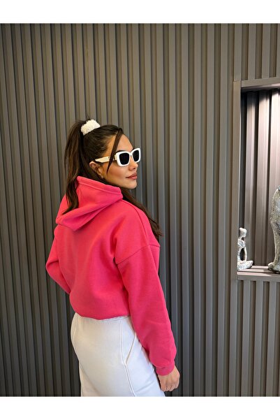 JUST MAY Kadın Pembe Kapüşonlu Şardonlu 3 Iplik Sweatshirt