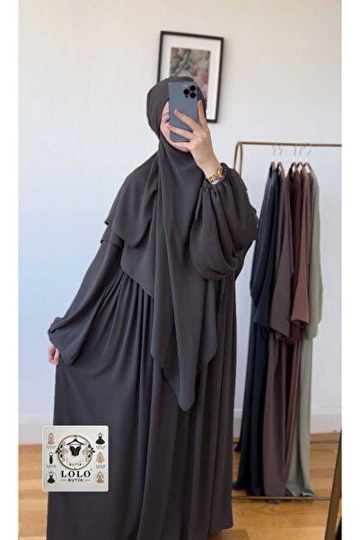 MODA Lolo Butık Ferace Sufle Peçe Takım Kiremit (ÜÇ PARÇA SET) Medine Ipeği Gri Rengi