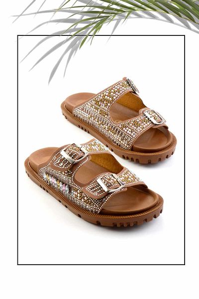 Bambi Tan Stone Detailed Women's Slippers - K 04956230487