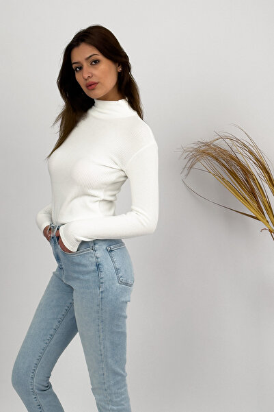 Betimoda Women's Plush Long Sleeve Half Turtleneck Bodysuit Corded Ecru 1 Piece