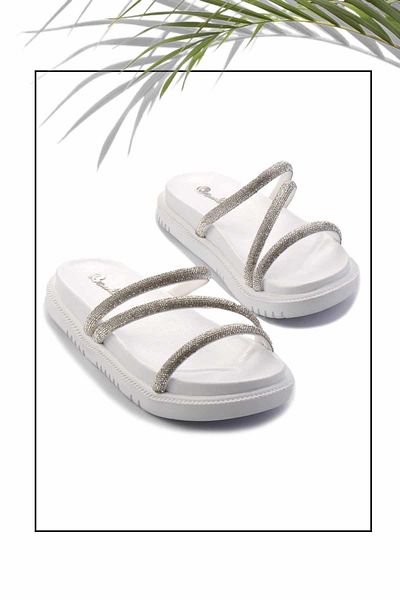 Bambi White Lame Stone Women's Slippers K 04666013387