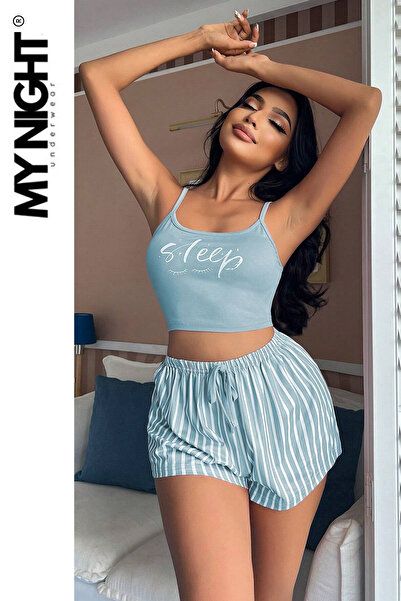 Veille Pijama Takımı Şortlu Gecelik Sabahlık Takım Mavi Cizgi Detaylı