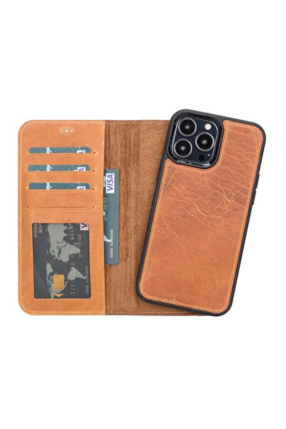 PLM Apple iPhone 13 Pro Max Uyumlu Deri Cüzdanlı Kılıf G19 Taba