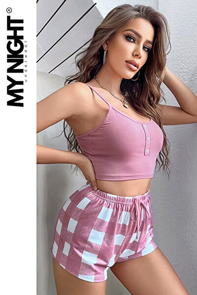 Veille Pijama Takımı Şortlu Gecelik Sabahlık Takım Pudra Kare Detaylı