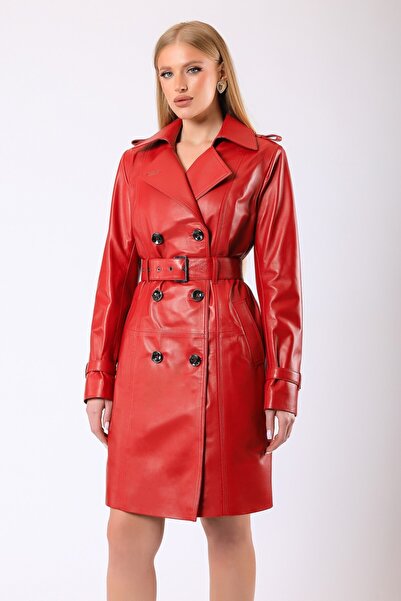 Leather Club Kırmızı Scarlet Hakiki Deri Trench Kaban