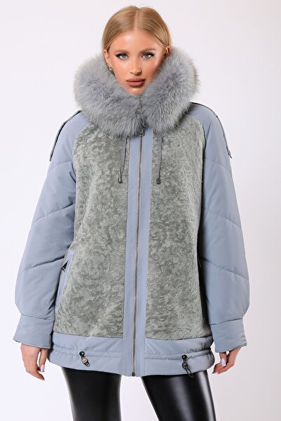 Leather Club Açık Mavi Taylor Suni Kürk Aksesuarlı Yün Puffer Kaban