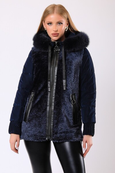Leather Club Lacivert Selena Kürk Aksesuarlı Yün Puffer Kaban