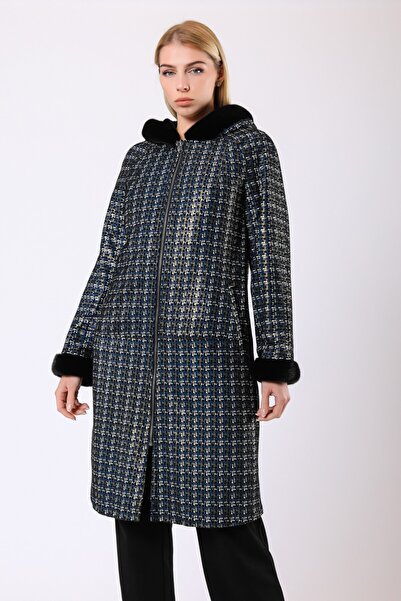 Leather Club Siyah Blue Çift Taraflı Hakiki Deri Kürk Kaban