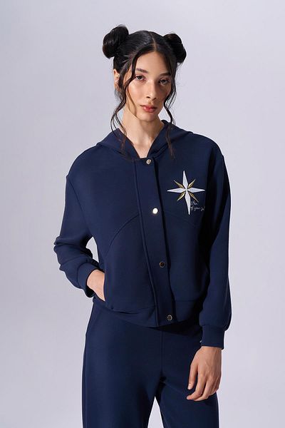 Naar Women's Hooded Printed Long Sleeve Navy Coat Naar91605-Dark Blue