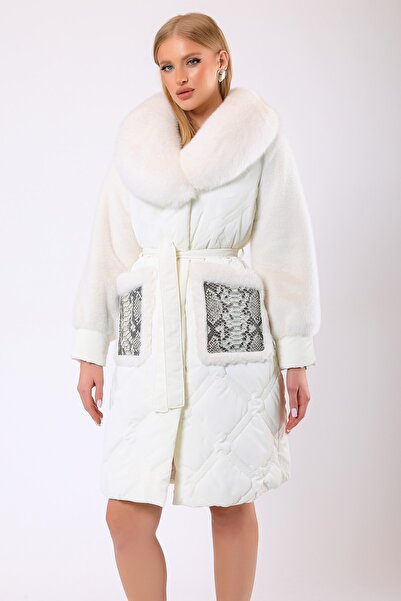 Leather Club Beyaz Alexandra Kürk Aksesuarlı Yün Puffer Kaban