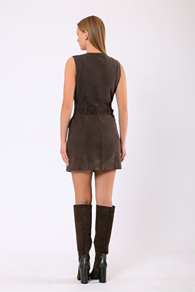 Leather Club Kahve Isabella Hakiki Süet Deri Elbise