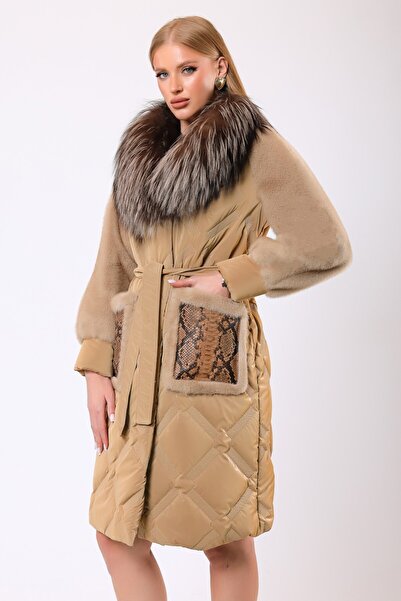 Leather Club Bej Alexandra Kürk Aksesuarlı Yün Puffer Kaban