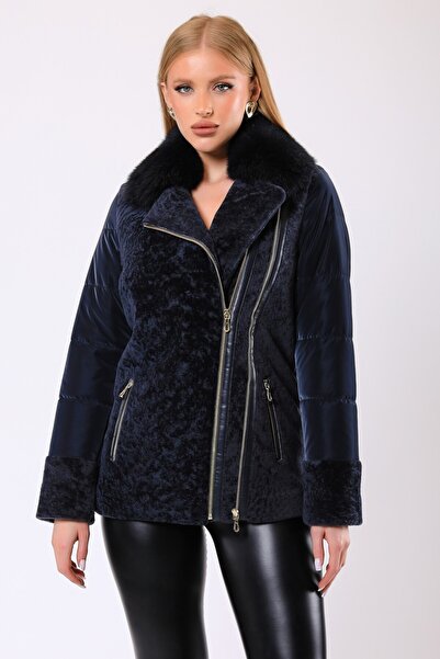 Leather Club Lacivert Vanessa Kürk Aksesuarlı Yün Puffer Kaban