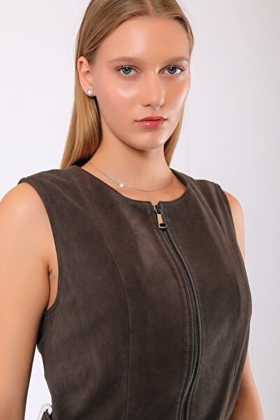 Leather Club Kahve Isabella Hakiki Süet Deri Elbise