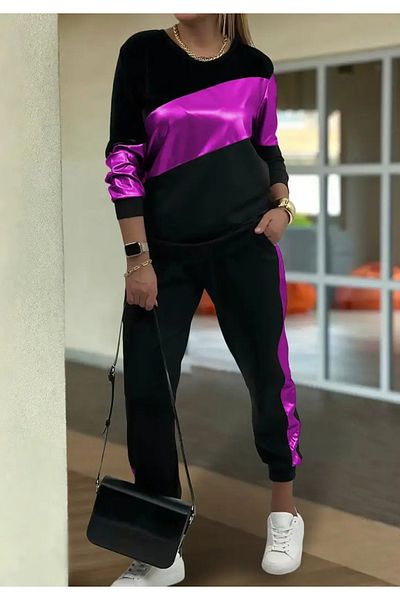 Little Visqon Women's Crew Neck Shiny Leather Garni Detailed Double Suit - Purple