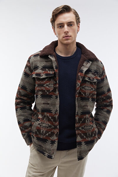 Mudo سترة جاكارلي بياقة فرو ذات قصة عادية