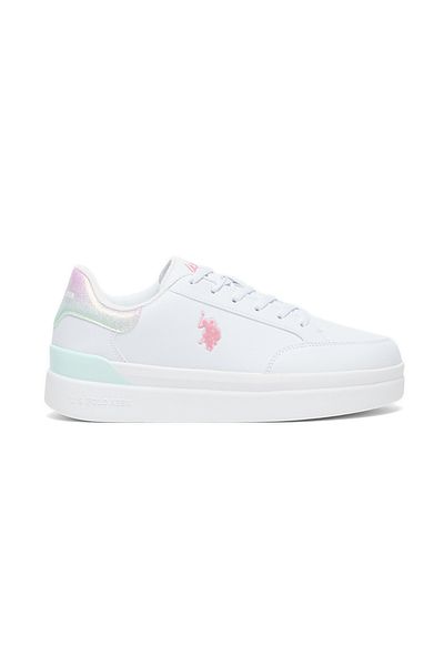 U.S. Polo Assn. Women's White Platform Sneakers with Iridescent Heel and Pink Logo - Comfort Cushioned Sole