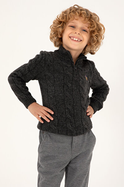 U.S. Polo Assn. سترة للأولاد بسحاب نصفي بلون أنثراسايت ميلانج 50297422-VR081