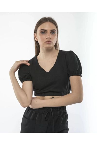 MODAVERA Women's Linen Trousers and Crop Set - Black