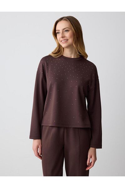Jimmy Key Bitter Brown Crew Neck Long Sleeve Stone Printed Sweatshirt