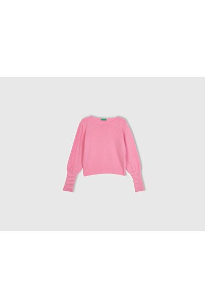 United Colors of Benetton Women's Pink Wool Blended Slim Fit Boat Neck Sweater