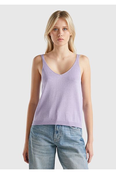United Colors of Benetton Γυναικείο ροζ βαμβακερό και βισκωτικό μείγμα Glitter με φαρδύ γιακά μπλουζάκι