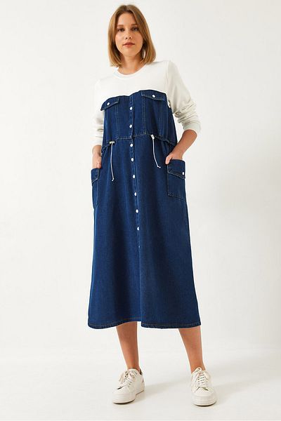 Bianco Lucci Women's Elastic Waist Double Pocket Denim Dress 8196 60351330