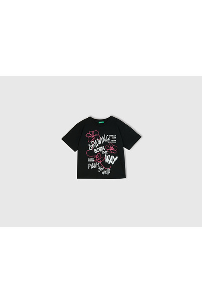 United Colors of Benetton Tricou negru cu imprimeu Graffiti pentru fete