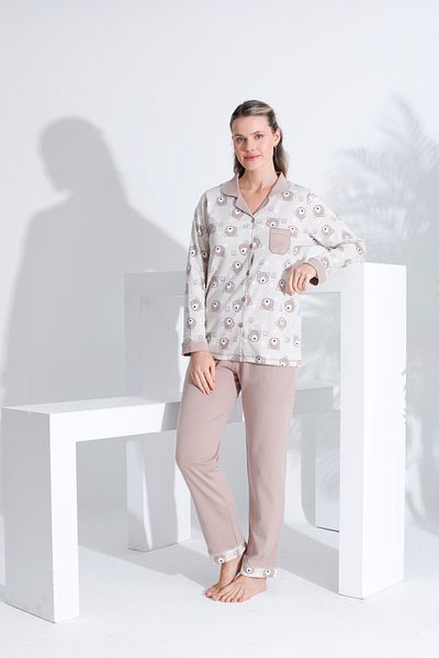 Etoile Set de pijamale pentru femei, 100% bumbac, cu mânecă lungă, cu nasturi în față 98232