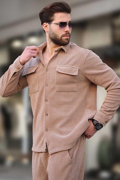 Madmext Ανδρικό πουκάμισο Camel Velvet Κοστούμι E7300
