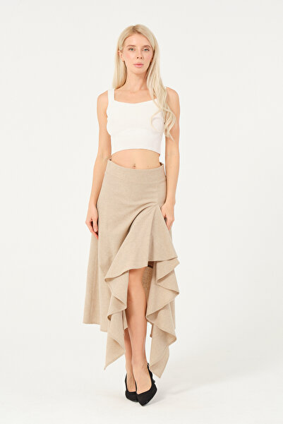 eva clothing Kadın Bej Yün Karışımlı Asimetrik Detaylı Fırfırlı Midi Etek 123...