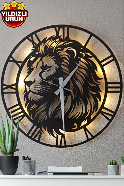 Blackdekor 50 cm Aslan Figürlü Işıklı Dekoratif Duvar Saati, Galatasaraylı Du...
