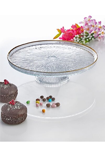 STOREMAX Gkcx Cam Ayaklı Pasta Standı Gold Yaldızlı Detaylı Servis Sunum Tabağı - Kek Standı - Meyvel