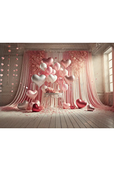 Minimalisfy Sevgi Dolu Arka Plan: Pembe ve Kırmızı Kalplerle 200x150cm, Stüdy...