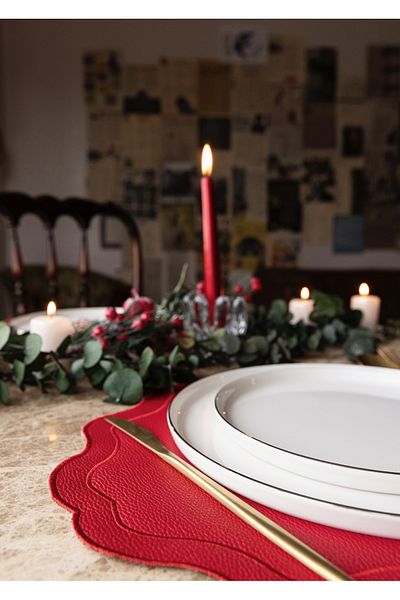 Prive Home Embroidery Detailed Red Leather American Placemat/ Placemat/ Placemats