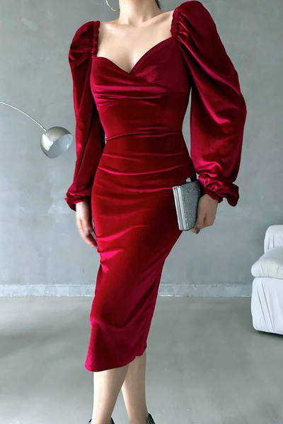 MissThetis Uzun Balon Prenses Kol Kalp Yaka Diz Altı Midi Boy Tam Kalıp Şık C...