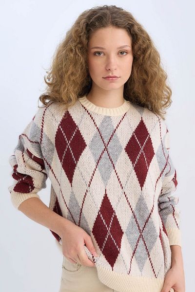 DeFacto Regular Fit Argyle Crew Neck Knitwear Sweater D9519Ax24Wn