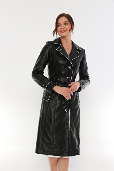 Basics&More Black-White Detailed Leather Trench Brendab