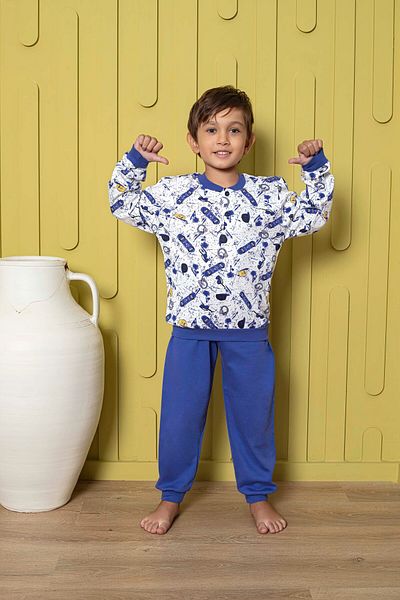 GUAVA+ Costum de pijama pentru băiat cu mânecă lungă, cu guler albastru, cu nasturi