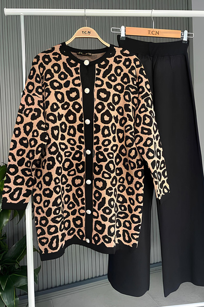 TrendParis Σετ ζακέτα πλεκτά με λεοπάρ σχέδιο