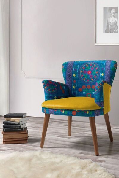 Azra Aksesuar Berjer - Tekli Koltuk - Etnik Desen - Ahşap Ayak - Sarı 2