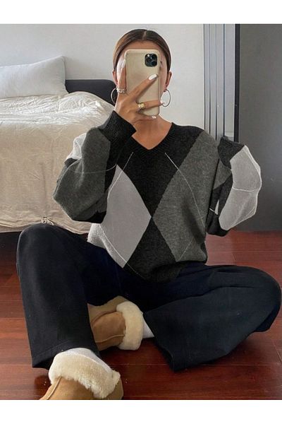 Dier Moda Tricotaj de damă maro cu model Argyle cu decolteu în V Pulover de damă