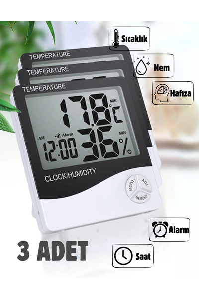 Unichrome 3 Adet Dijital Termometre Sıcaklık Ve Nem Ölçer Masa Saati Alarm