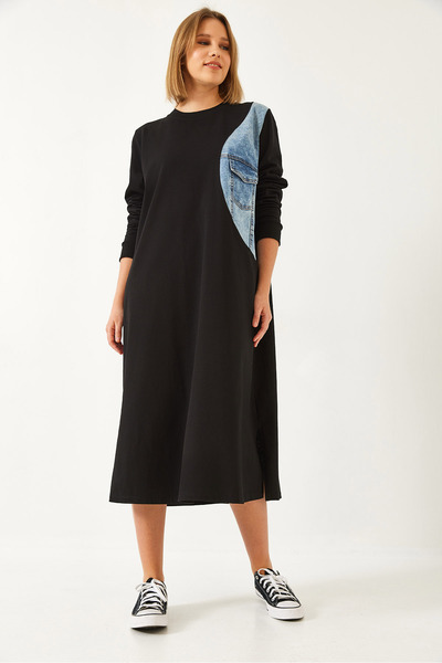 Bianco Lucci Kadın Denim Parçalı Tek Cepli Uzun Elbise 8055 60351335