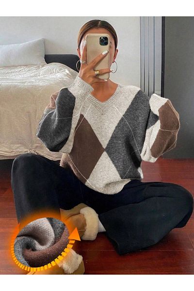 Dier Moda Tricotaj de damă maro cu model Argyle cu decolteu în V Pulover de damă