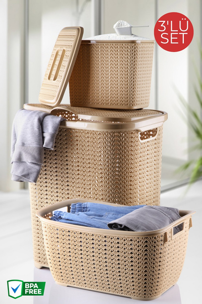 Nandy Home 3'lü Set Dekoratif Örgü Desenli Banyo Kirli Sepeti, Deterjan Kutus...